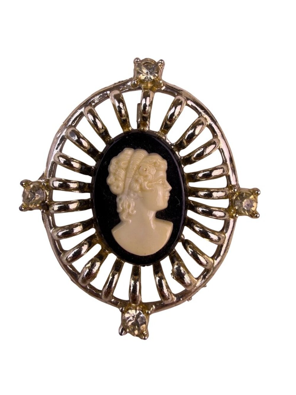 Vintage Coro Womens Gold Tone Rhinestone Filigree Black/White Cameo Brooch